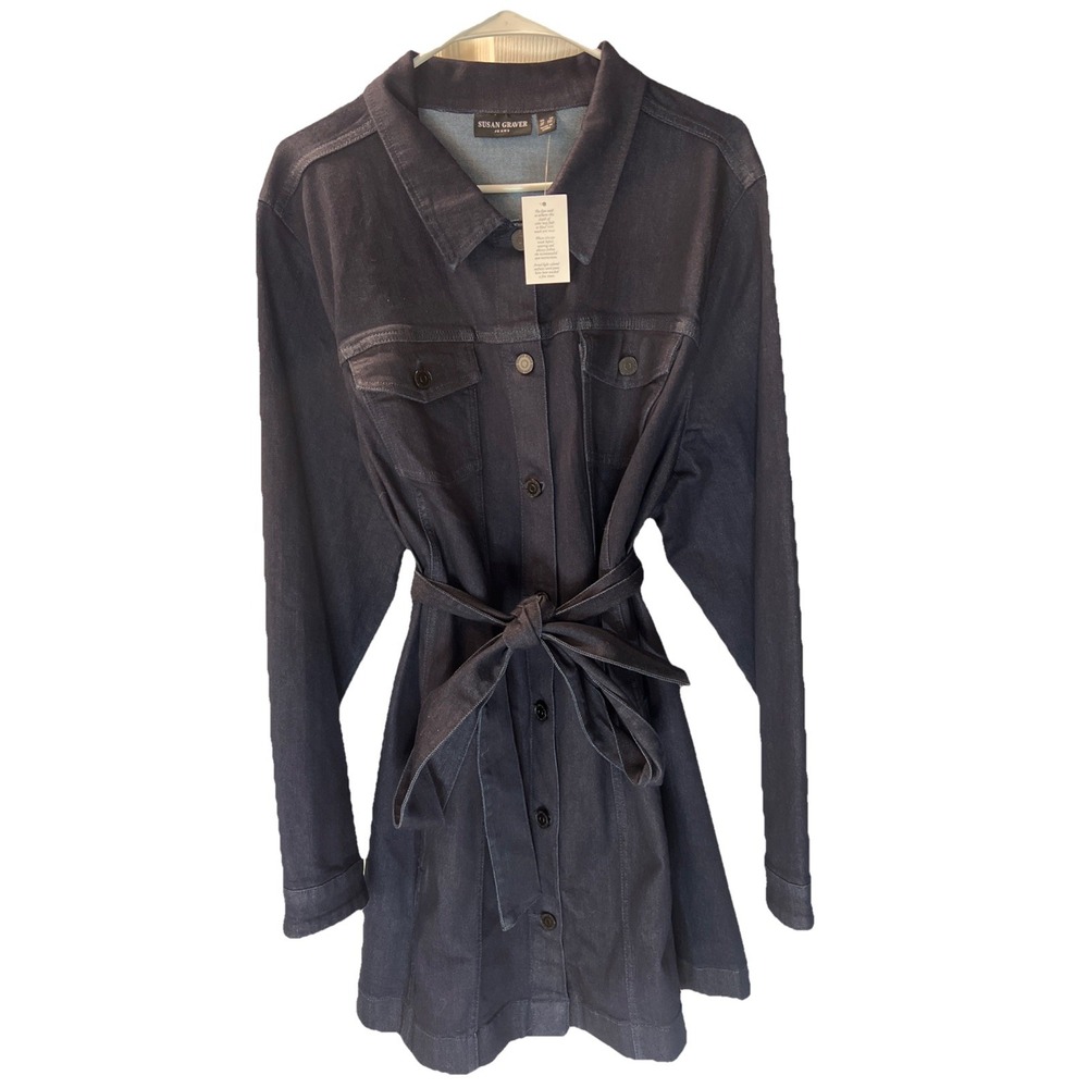 Susan Graver High Stretch Dark Denim‎ Long Jean Belted Jacket Women's Size 2XL